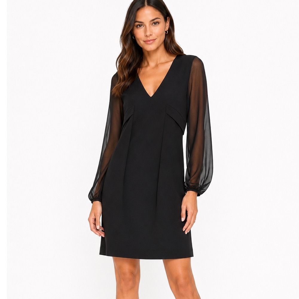 Rickie Freeman Teri Jon Dress 6 Black Sheer Silk Sleeve V-Neck Shift Cocktail